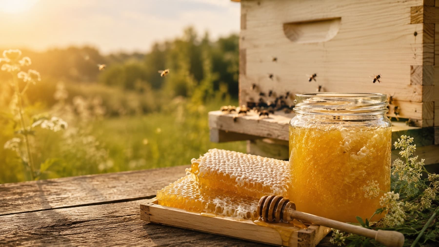 Open jar of honey and honeycomb beside a beehive in warm sunlight
